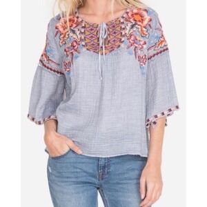 Johnny Was Caila Floral Boho Blouse Small Embroidered Oversized Boxy Top Resort
